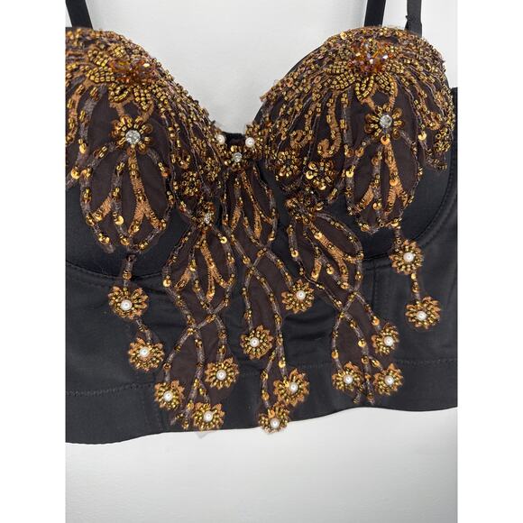 Beaded sequin 3D floral Crop bustier bra top gold black removable straps large - Picture 10 of 16